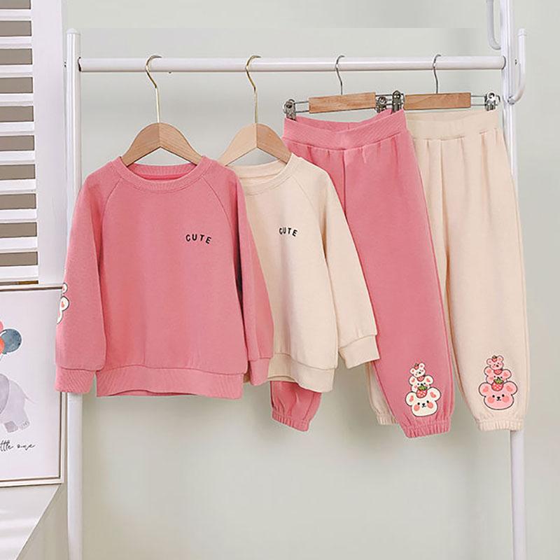 Girls' Suits Spring and Autumn Girls' Baby Children's sets Children's Two-piece Sweater Suits Solid Color Loose Casual Suits