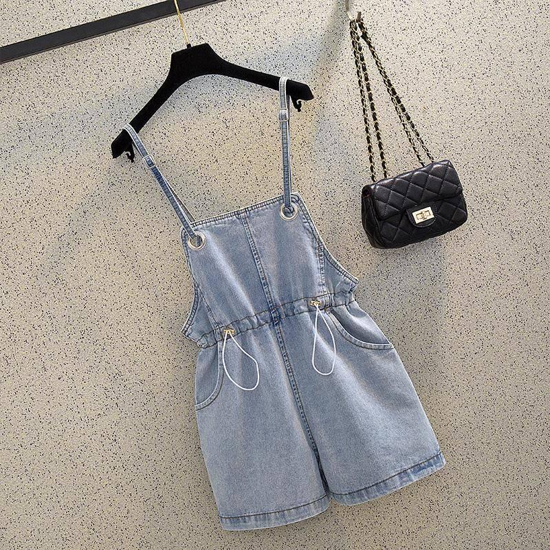 Fashion T-shirt Overalls Suits Women T-shirt  Elastic Waist Strap Denim Shorts Two Piece Short Set