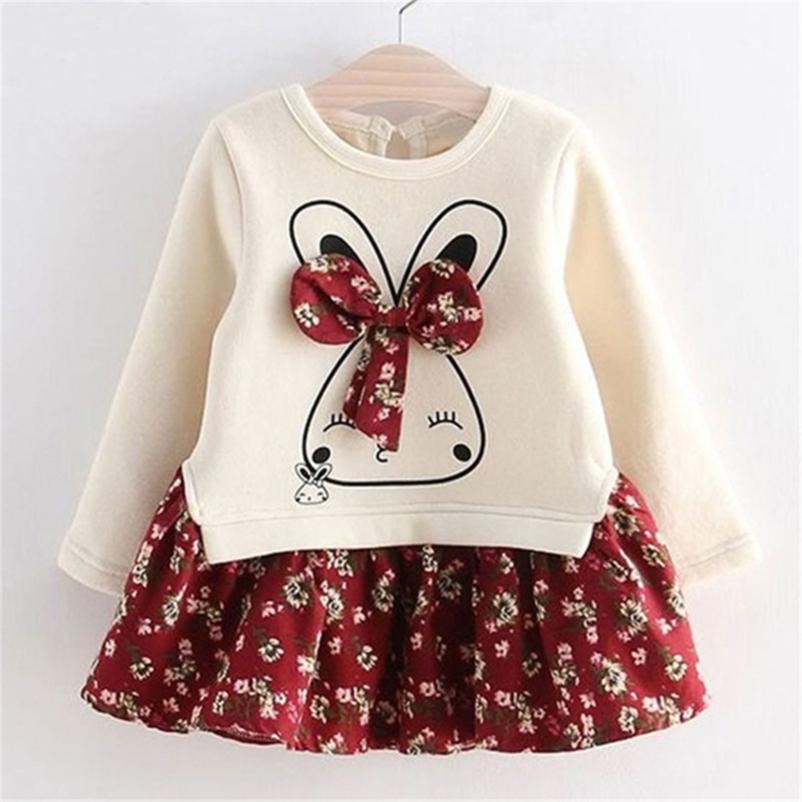 Girls Long Sleeve Dress Cute Rabbit and Flowers Printed Winter Autumn Baby Princess Gowns