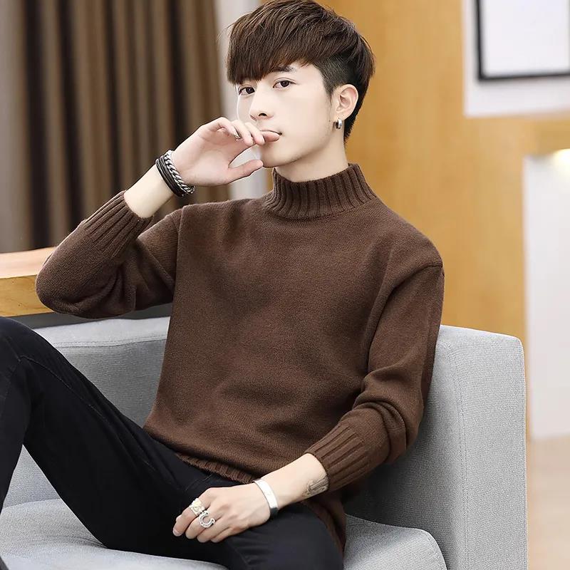 Men's Fall/winter Sweater Fashion Knit Half High Neck Solid Color Slim Bottom Pullover Sweater