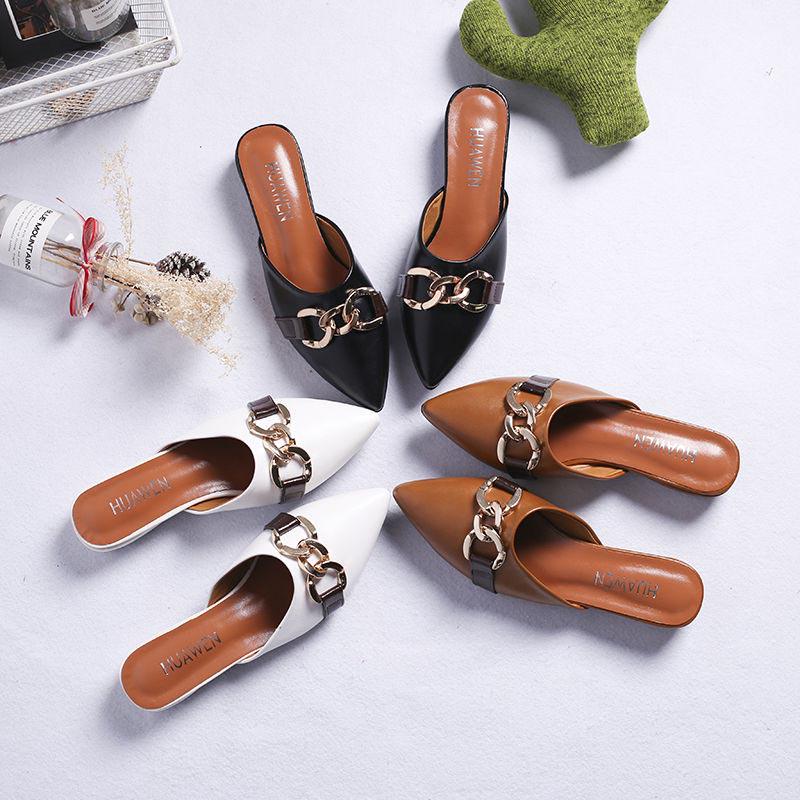 Plus Size Women Slippers Outdoor High Heels Non-slip Office Lady Pointed Toe Leather Sandals