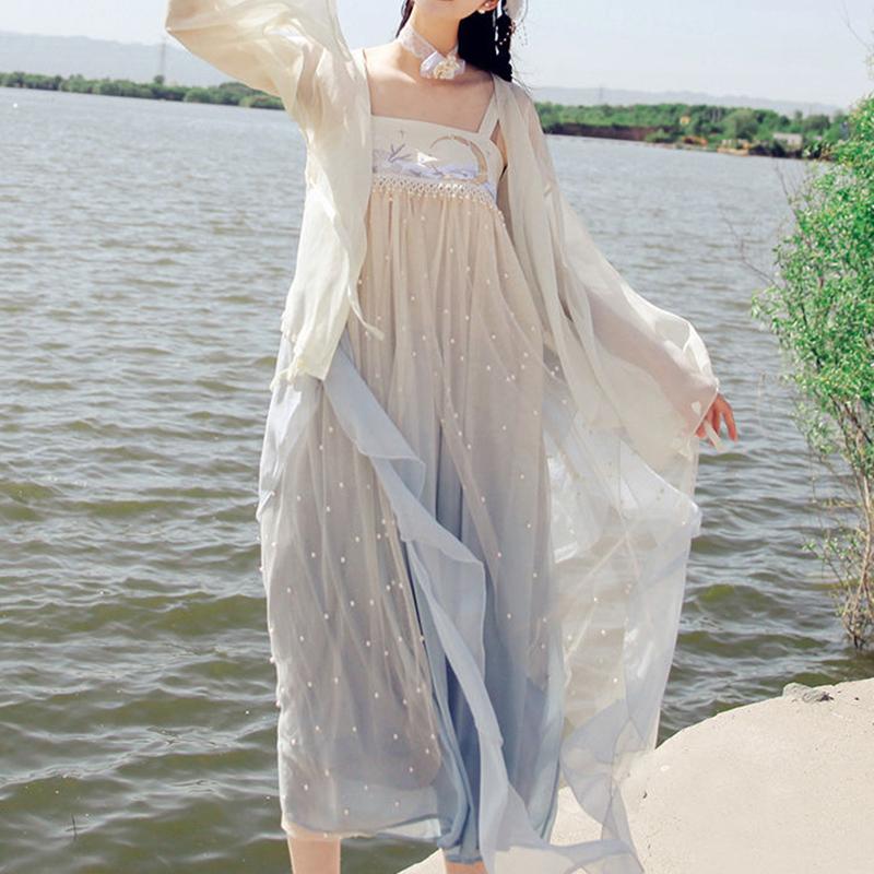 Hanfu Female Full Chest Skirt Super Fairy and Elegant Original Design Pearl Embroidery Three-piece Summer