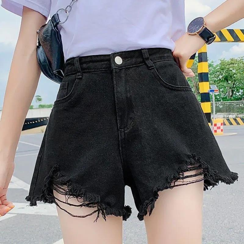 Black Hole Denim Shorts Women's Summer High Waist Was Thin A-line Wide-leg Women's Denim Shorts Fringed Edge Denim Shorts