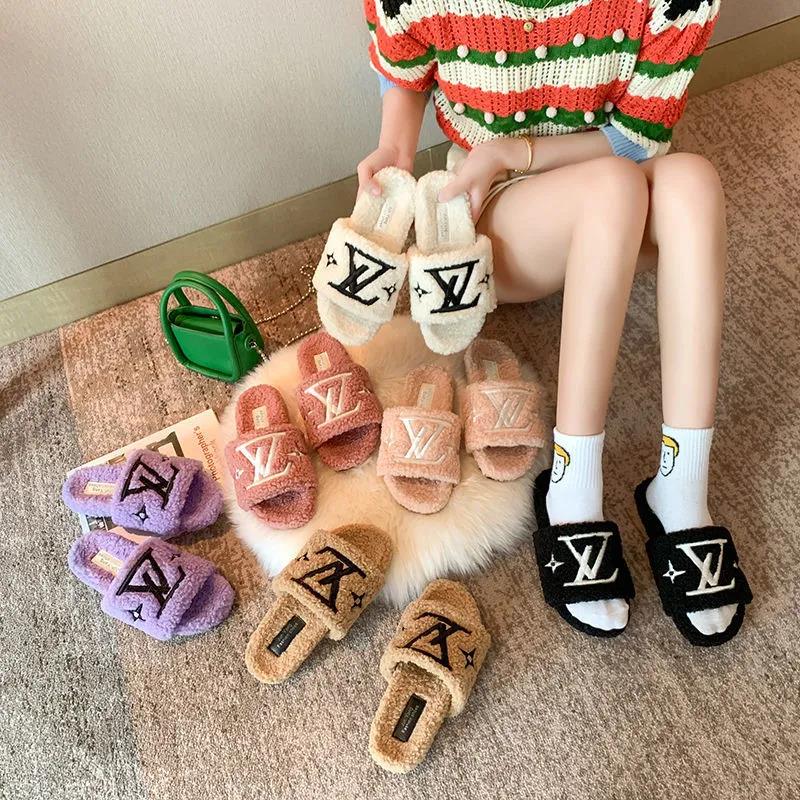 Ladies Cotton Slippers Plush Slippers Fall Winter Fashion Outer Wear All-match Flat Flat Shoes