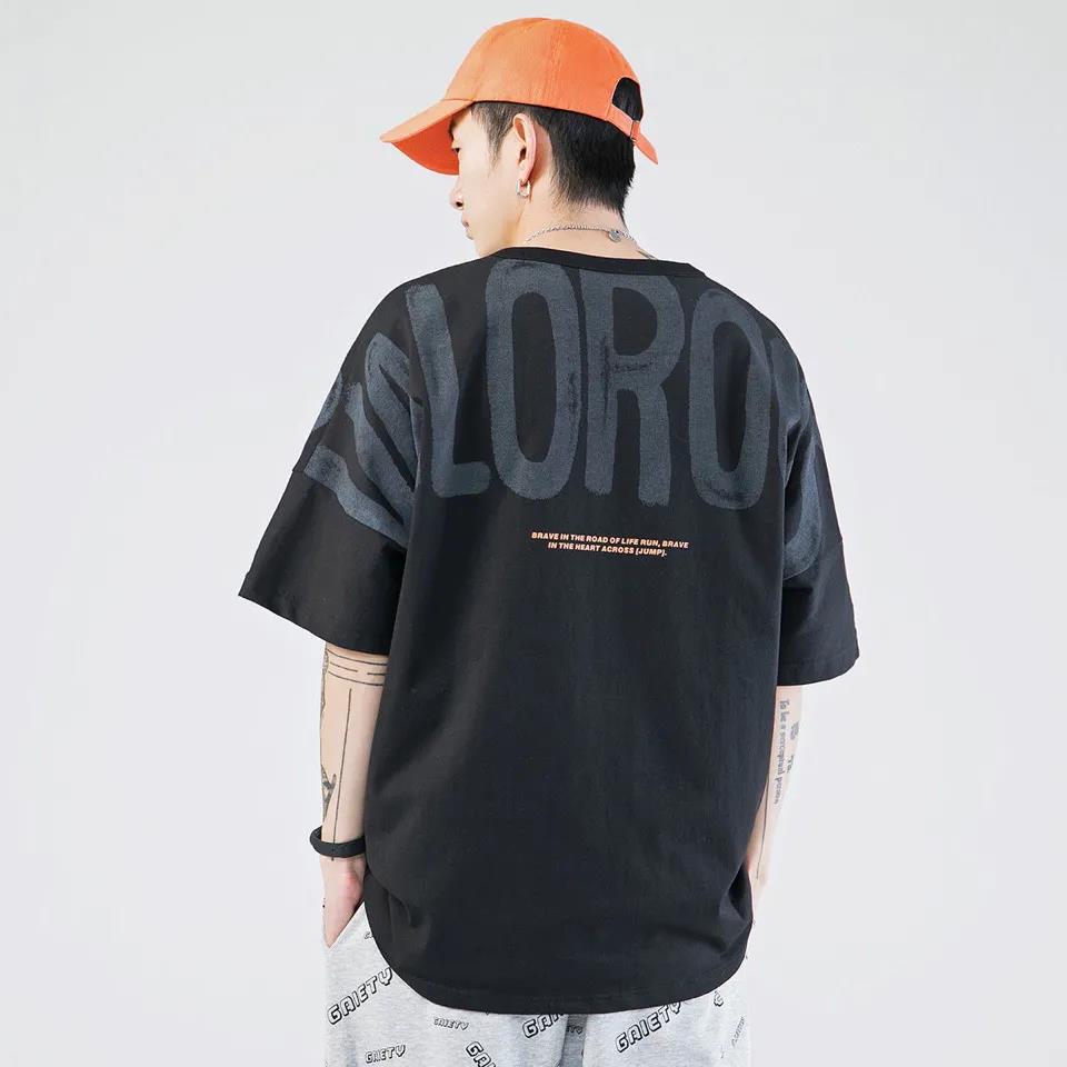 Summer Short-sleeved T-shirt Male Students Pure Cotton Printing Hip-hop Loose Shoulders Five-point Sleeve T-shirt Men's