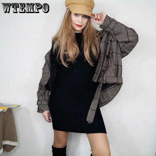 Women Solid Color Sweater Autumn Winter Sweater Dress Long Sleeve Knitted Dress