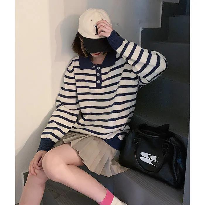 College Style Polo Collar Striped Sweater Female Student Autumn and Winter Casual Loose and Lazy Pullover Sweater Top Outer Wear