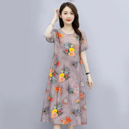 Ethnic Style Vintage Dress Women Summer Loose Print Mid-length Slim Dress