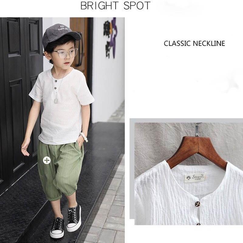 Boys Summer Cotton Linen Breathable Suit Cool and Comfortable Light Thin Solid Color Short Sleeve + Shorts Two-piece Set