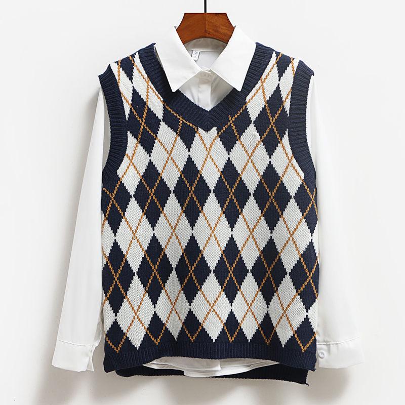 Checked Sleeveless Sweater Loose Student College Style Knitted Sweater Tank Tops for Women