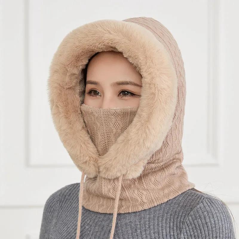 Women's Hat Plus Velvet Thick Warm Windproof Hood Ear Neck Protection Knitted Hat Woolen Cap Winter One-piece Cap Scarf Set