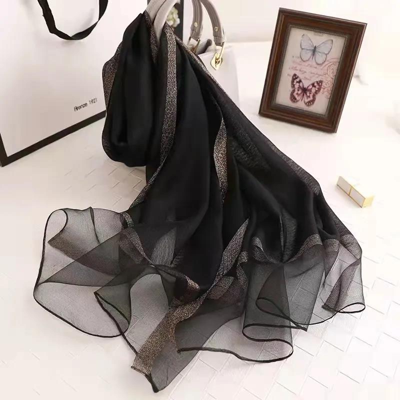 Women's Autumn and Winter Mulberry Silk Scarf Fine Silk Scarf Pure Color Striped All Match Shawl Warm Gauze Scarves Elegant Wrap Shawl Thermal Scarf