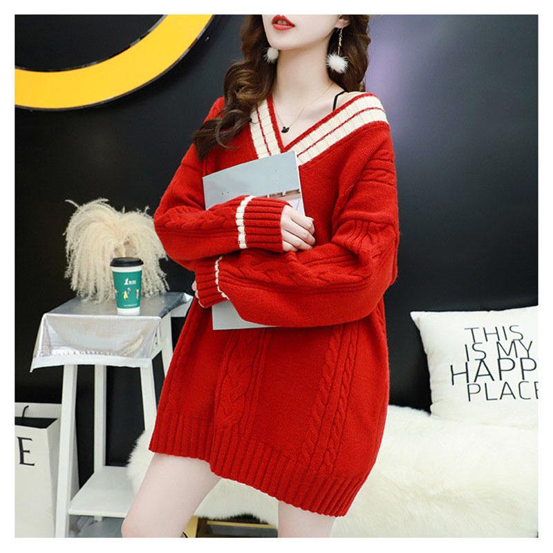 Autumn and Winter Red Sweater Loose Casual V-neck Tops Fashion Knitted Women Tops