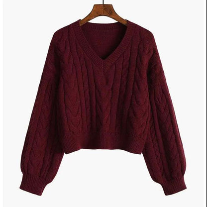 Women's V-neck Twist Sweater Loose Outer Wear 1PC Pullover Autumn and Winter Sweater Short Lazy Wind Top Long Sleeve Sweater