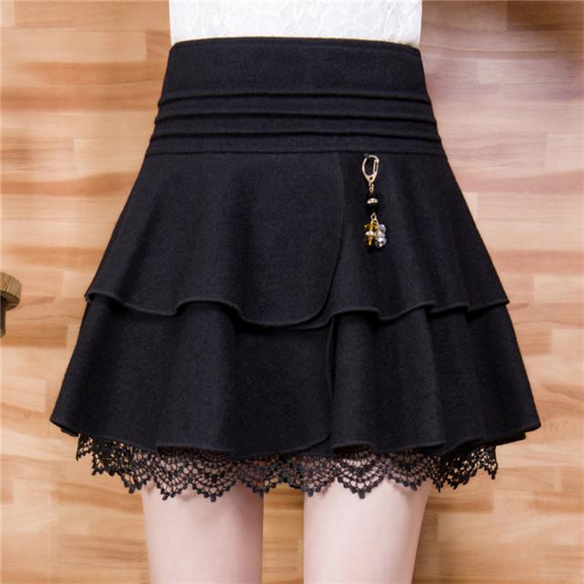 Plus Size High Waist Woolen Pleated Skirt Women Sexy Lace Stitching Puff Skirt Spring, Autumn and Winter Short A-line Skirt