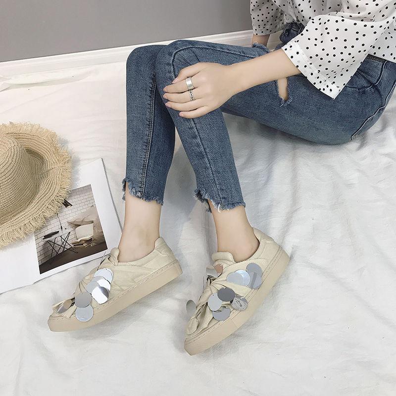 Women's Shoes Hong Kong Style Small White Shoes Women's Sequined Canvas All-match Flat Shoes