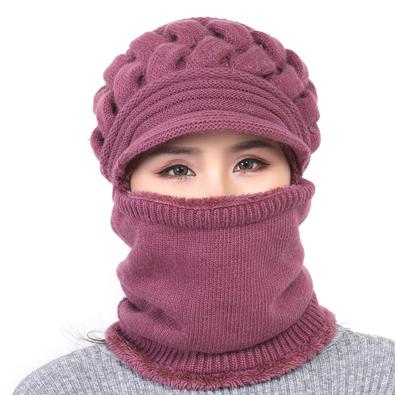 Women's Winter Windproof and Velvet Warm Knitted Woolen Cap Plush Pompon Cap Scarf Crochet Cap