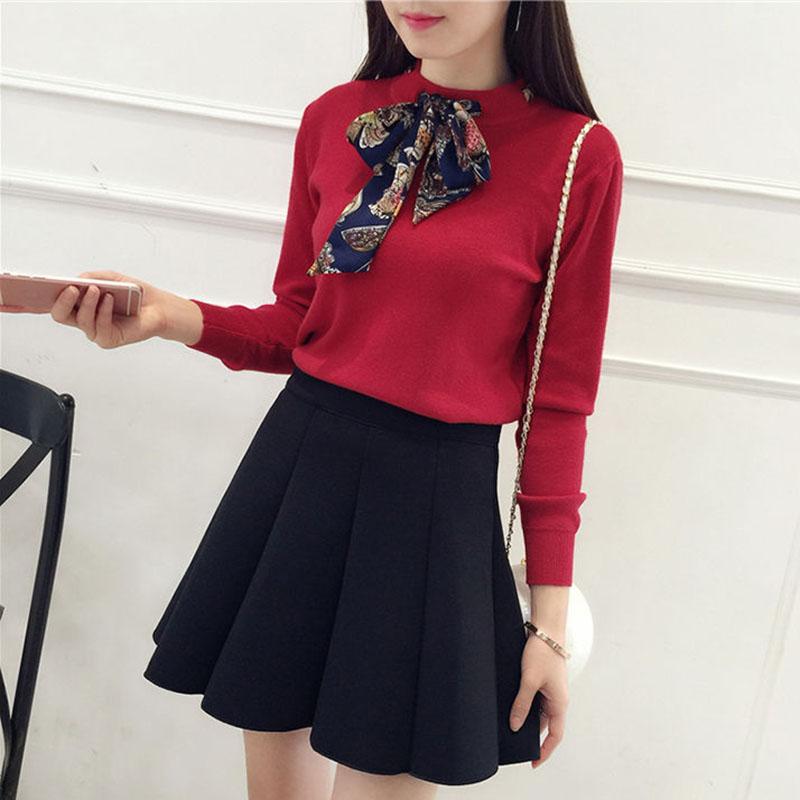 Autumn and Winter Knitted Long-sleeved Sweater Pullover Solid Color Round Neck Blouse Bow Tie Fashion Women's Bottoming Shirt