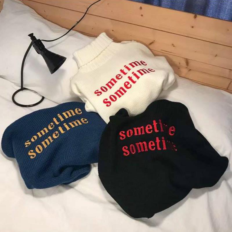 Pofulove Turtleneck Sweater Female Embroidery Loose Autumn Winter Solid Color Couple Wild Sweater