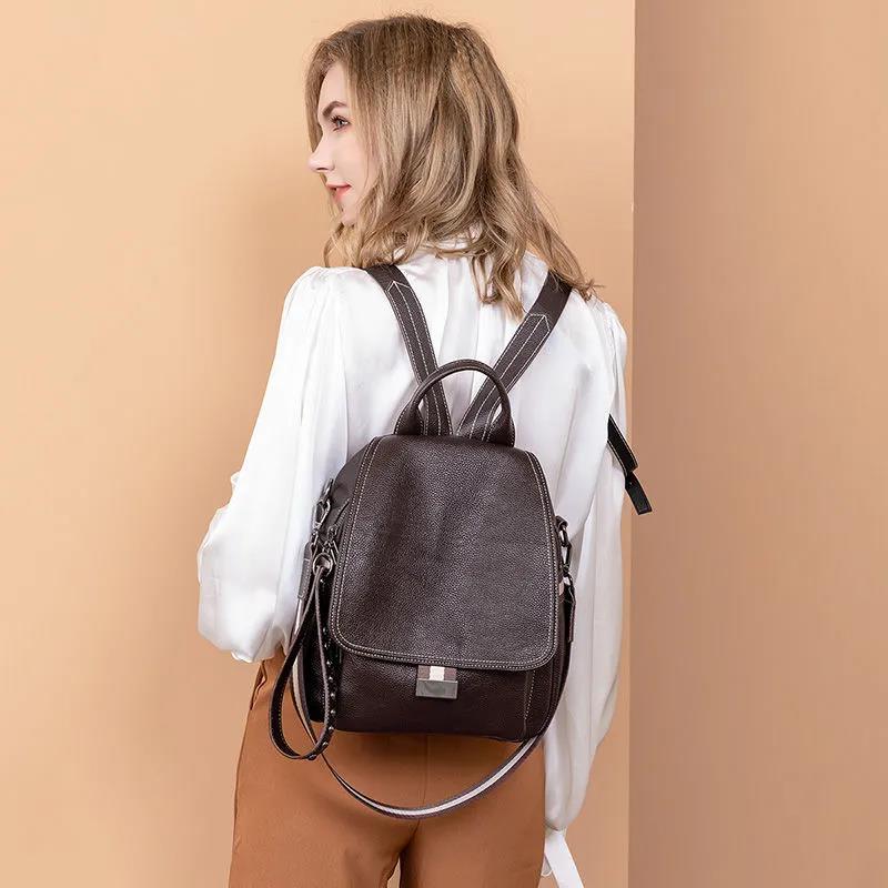 Genuine Leather Cowhide Rivet Removable Shoulder Belt Women's Backpack Soft PU Casual Multilayer Waterproof