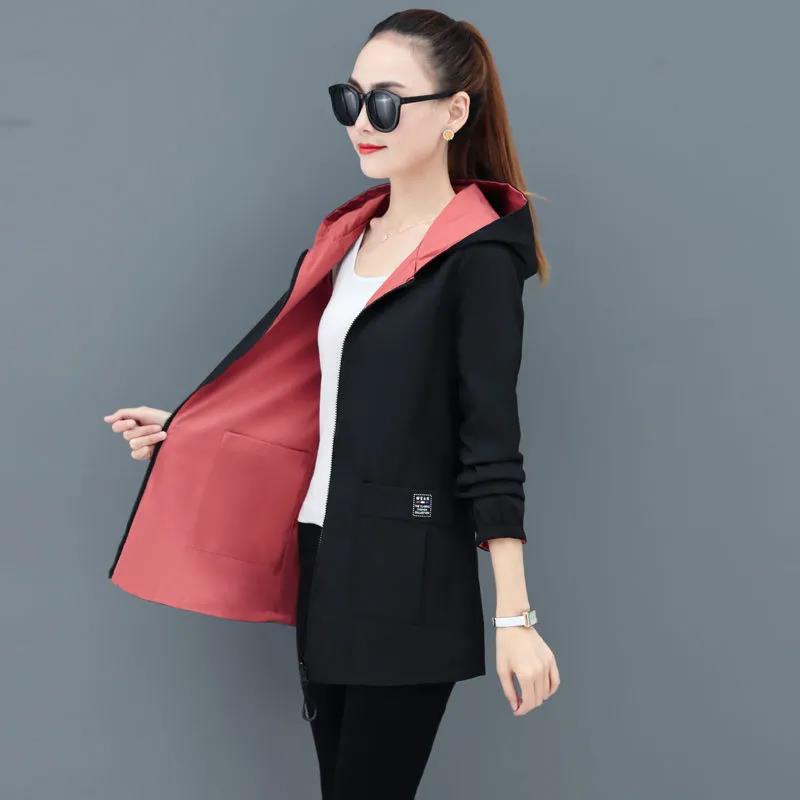 Double-sided Windbreaker Jacket Women's Mid-length 2021 Spring and Autumn Korean Loose Large Size Hooded Spring Top