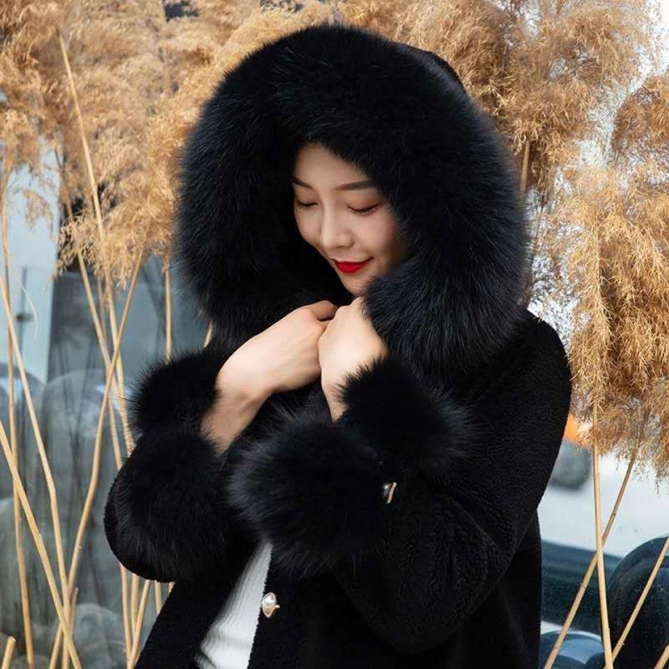 Winter High-end Imitation Fur Coat Women's Slim Thicker Loose  Cotton Top Particle Sheep Shearing Women's Hooded Fox Fur  Coat