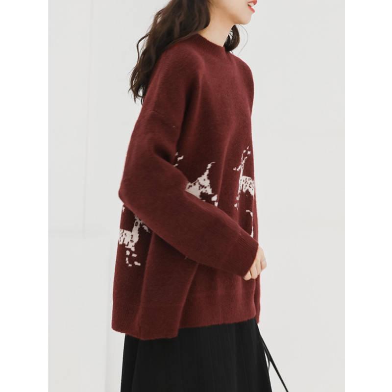 Pofulove Winter Vintage Thickened Loose Jacquard Knitted Sweater Women Were Thin Christmas Coat