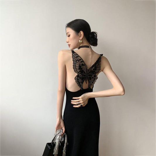 Delicate Back Embroidered Butterfly Flower Knit Elegant Dress Low-cut Backless Suspender Dress