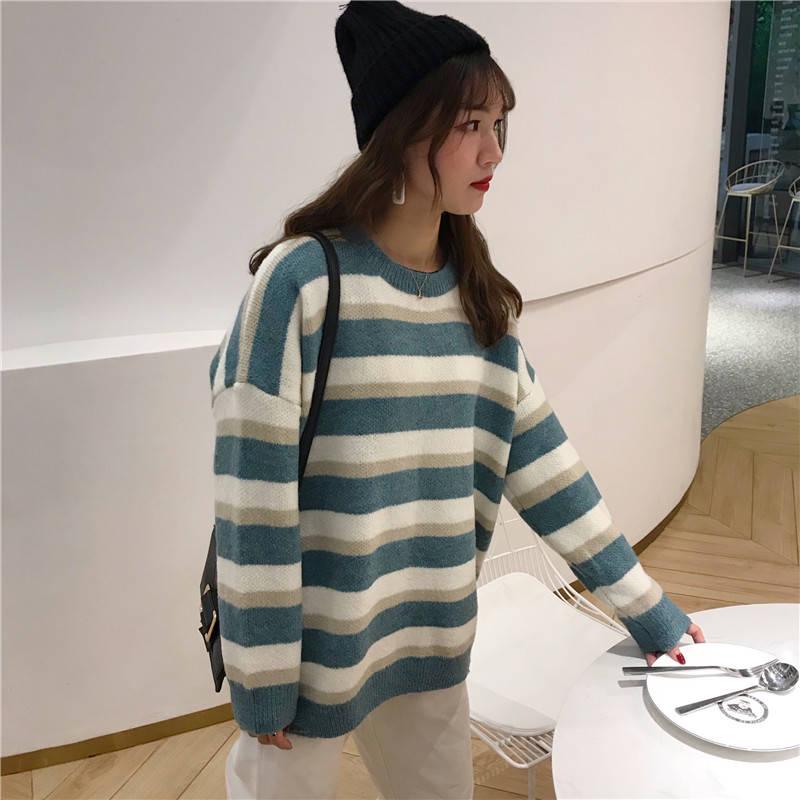 Pofulove  Hit Color Striped Sweater Women Korean Lazy Loose Was Thin Bottoming Sweater Fashion