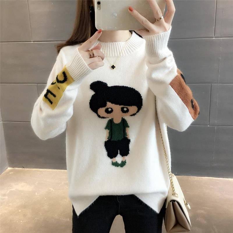 Autumn and Winter Cartoon Sweater Jacket Womens Long Sleeve All-match Knitted Sweater Woman