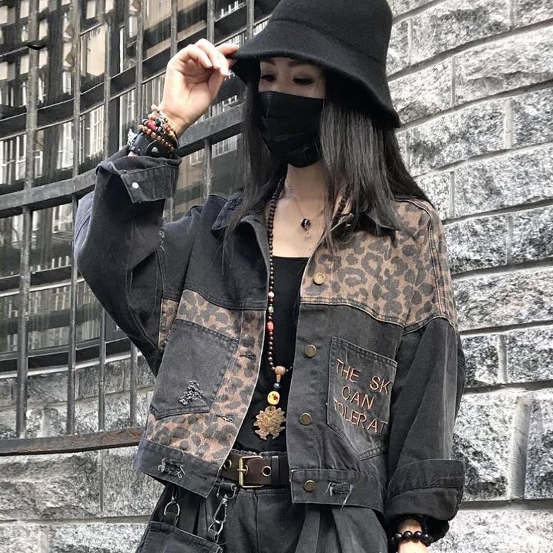 Vintage Black Leopard Women Denim Jacket Spring Harajuku Punk Jean Jackets Coat Boyfriend Loose Pocket Fashion Streetwear