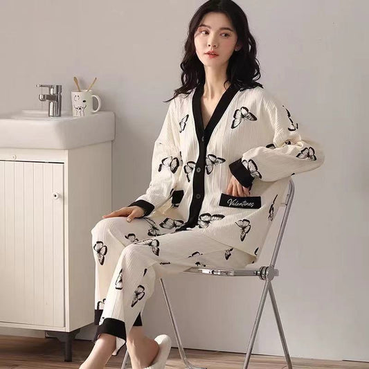 Pajamas Women Spring Autumn Sleepwear Solid Cotton Long Sleeve Cardigan Nightwear Kimono Simple Casual Loose Pajama V-neck Sexy Homewear