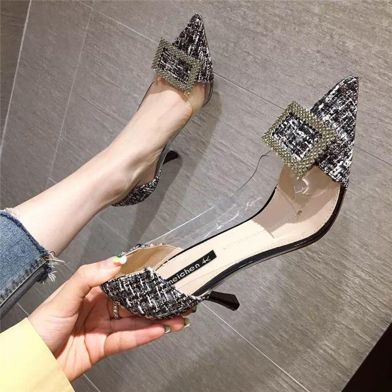 French Girl High Heels Female Stilettos Korean Version of All-match Rhinestone Transparent Pointed Toe Sexy High Heels