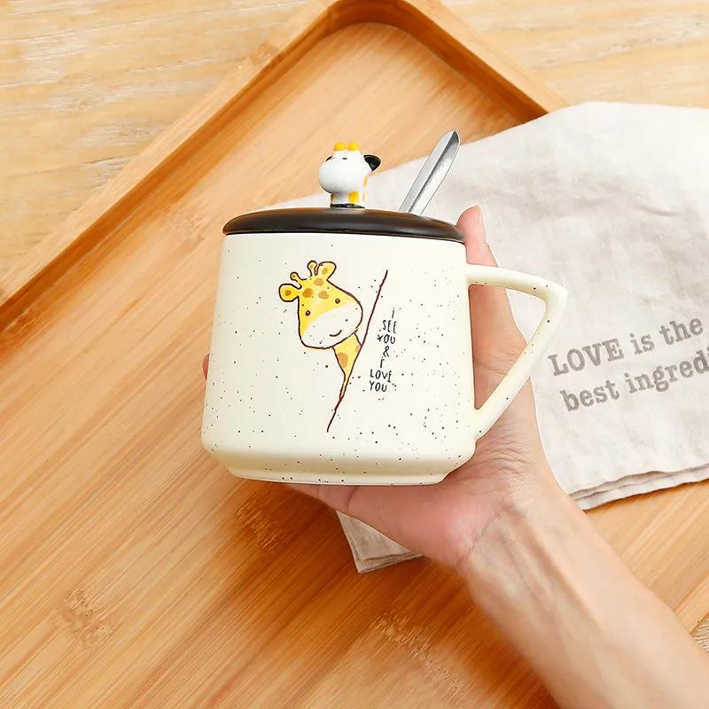 Ceramic Cup Female Cute Mug with Lid Spoon Girl Creative Cartoon Water Cup Home Milk Breakfast Coffee Cup