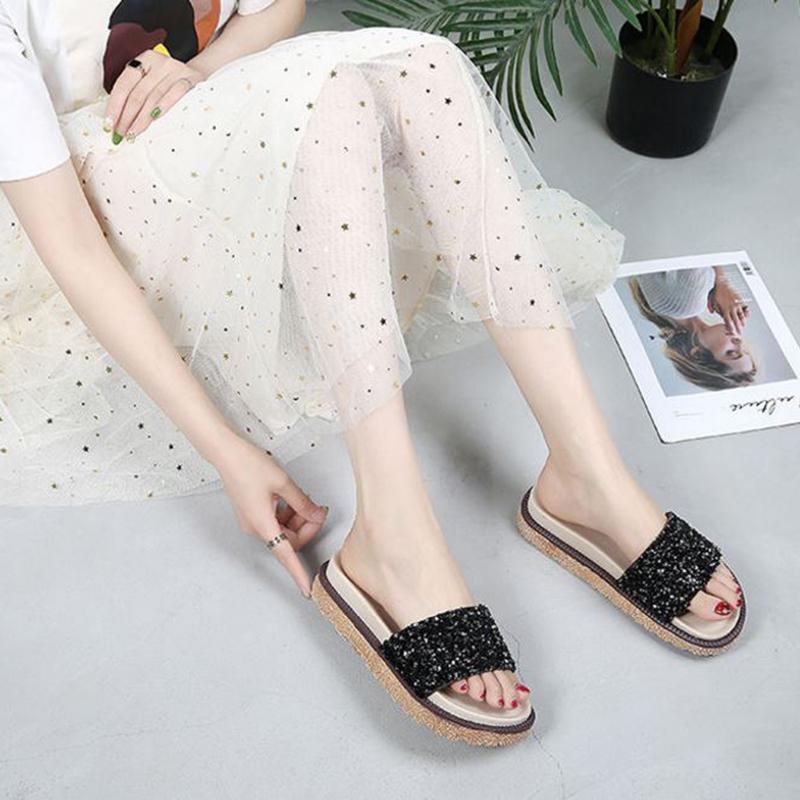 Slippers Women’s Summer Fashion Outer Wear Sponge Cake Thick Bottom Flip Flops Sequins Sandals Flat Sandals Beach Shoes