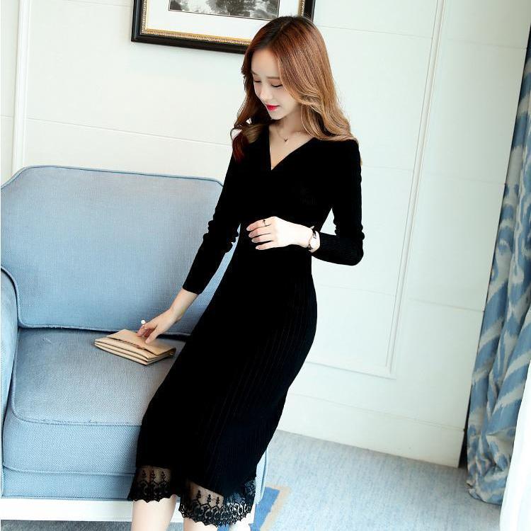 Fashion Padded V-neck Ladies Dress Mid-length Over-the-knee Bag Hip Skirt Bottoming Knit Sweater Skirt