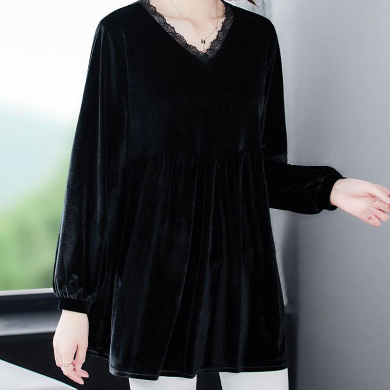 Autumn Spring Women Blouse Gold Velvet Shirts Tops Vintage Long-sleeved Lace V-neck Blouses Casual Loose Ladies Tops Female Clothes