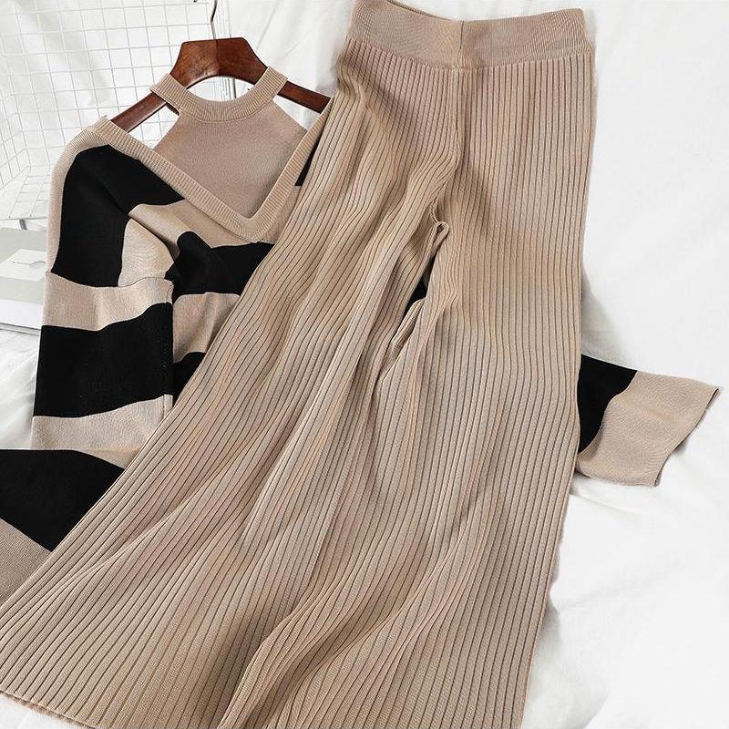 2pcs/set  Women Winter Tracksuit 2 Piece Pant Suits Knitted Striped Sweater Top and Pants 2 Piece Set Outwear Outfits