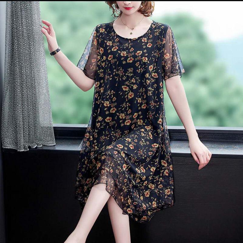 Large Size Short-sleeved Dress Women Summer Mid-length Round Neck Print Small Floral Comfort and Cool