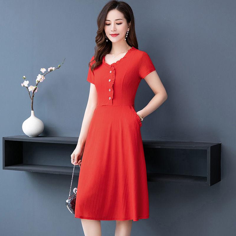 Short Sleeve Western Style Large Size Emperament Mother Dress Mid-length Spring Dress Middle-aged Women