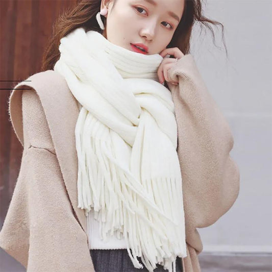 Ladies Scarf Winter Pure White Korean Version of Wild Thick Woolen Tassel Knitted Shawl Scarf Womens