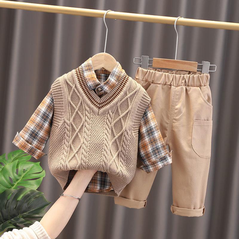 Boys and Girls Spring and Autumn Suits 1-5 Years Old Sweatshirt Vest Shirt Sets Casual Suit Home Service Three-piece Suit