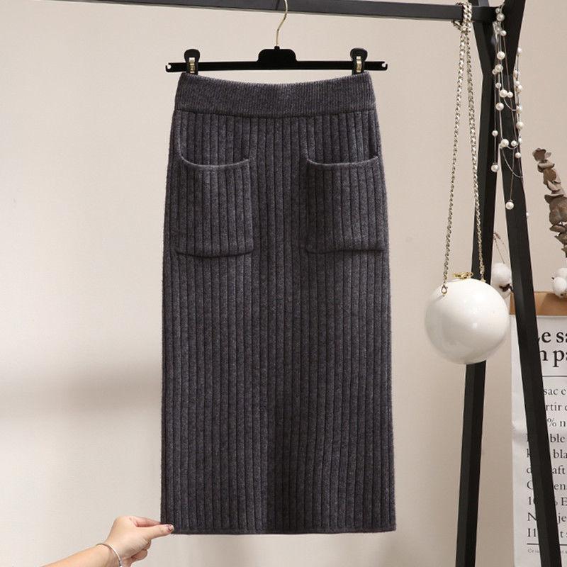 Thick Split Knit Skirt Women Tight Elastic Bodycon Skirt Autumn Winter Mini Pencil Skirt with Pockets