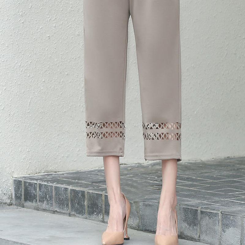 Summer Thin Stretch Mother Cropped Pants Elastic High Waist Loose Middle-aged and Elderly Women's Grandma Pants Hollow Casual Pants