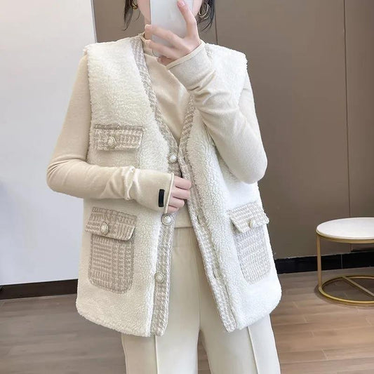 Lamb Wool Vest Women's Spring and Autumn Tweed Stitching Large Size Vest Fashion Jacket