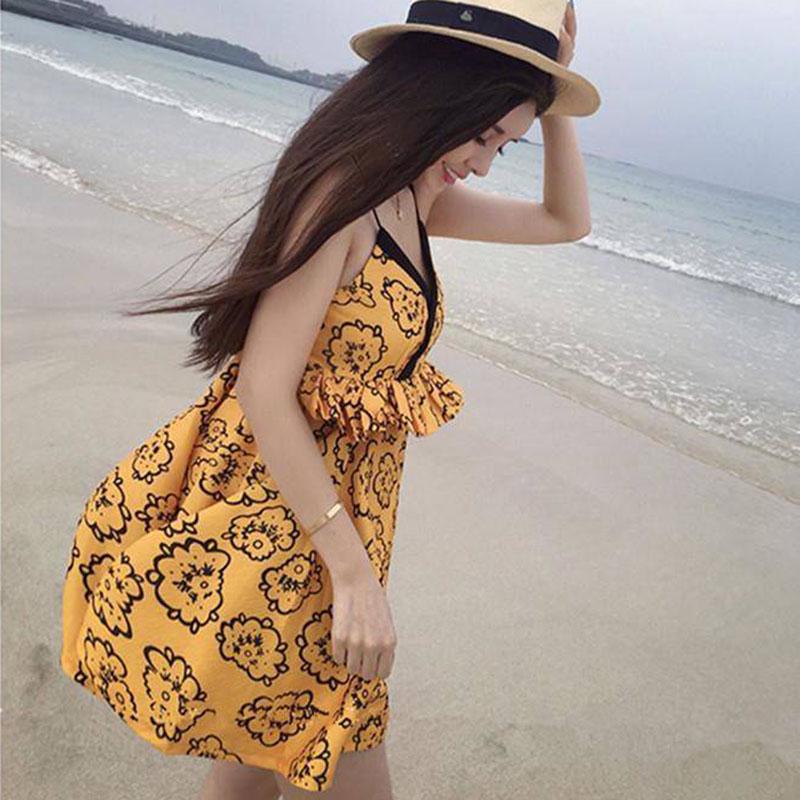 Boho Printed V-neck Strap Dress Holiday Beach Mini Dress Backless Above Knee Sundress