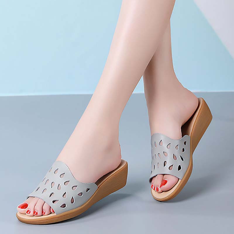 Leather Sandals and Slippers for Women To Wear In Summer Ladies All-match Fashion Slope-heel Mid-heel Soft-soled Non-slip Mother Shoes