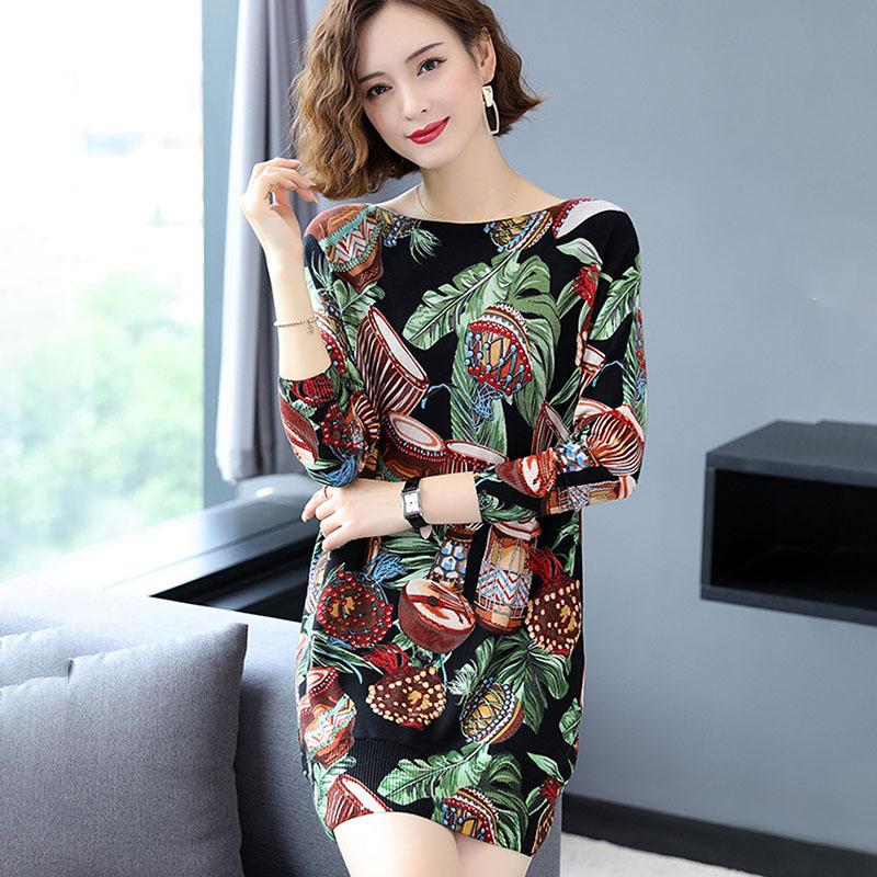 Sweater Dress Women Autumn Winter Knitted Straight Dress Fashion Floral Printed Pullover Loose Boat Neck Long Sleeve Dress