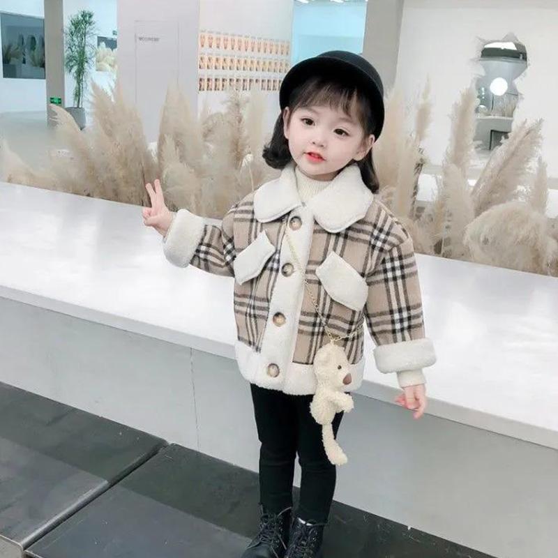 Girls' Woolen Plaid Bear Coat Autumn and Winter Thickened Western Style Blouse Girls Children's Fashion All-match Cotton Jacket