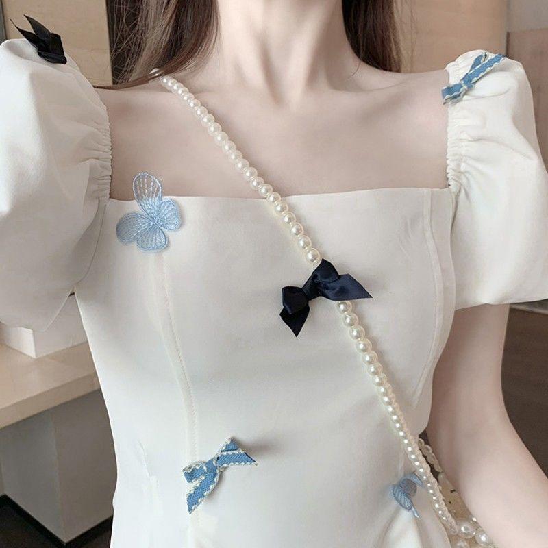 Ladies Summer French Elegant Sweet Square Neck White Thin Short Bow Bubble Sleeve A-line Dress